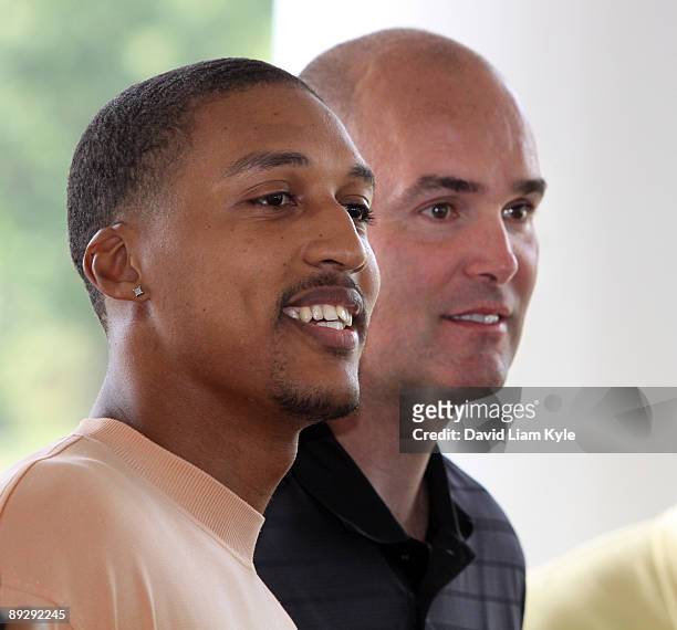 Jamario Moon of the Cleveland Cavaliers alongside General Manager Danny Ferry as he's introduced as the newest member of the team at Westfield Group...