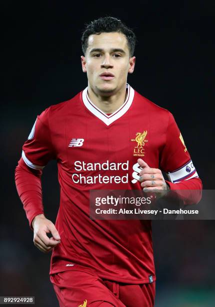 Philippe Coutinho of Liverpool looks on during the Premier League match between Liverpool and West Bromwich Albion at Anfield on December 13, 2017 in...