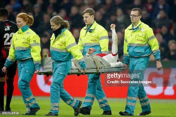 Maximilian Wober of Ajax is leaving the pitch injured during the Dutch Eredivisie match between Ajax v Excelsior at the Johan Cruijff Arena on...