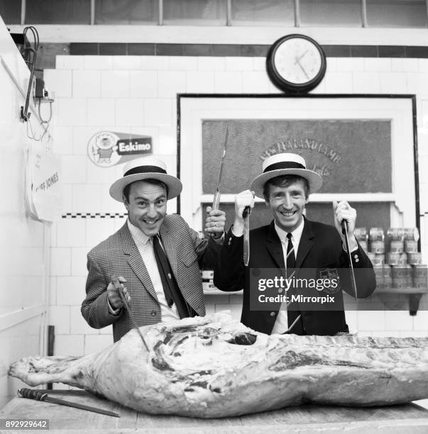 Tottenham Hotspur and Wales footballer Cliff Jones, invites teammates to Arnos Grove in London where he opened a second butchers shop. Carving a side...