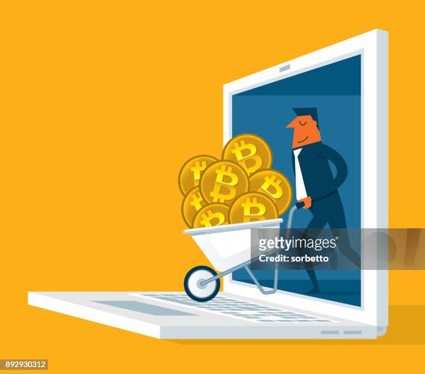 bitcoin mining - laptop - businessman - cash wheelbarrow stock illustrations