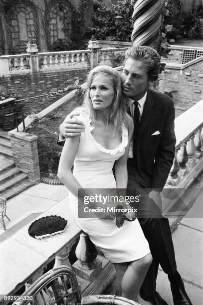 Ursula Andress, swiss actress, meets her new leading man John Richardson, for 1965 film SHE, based on She: A History of Adventure, a novel by H....