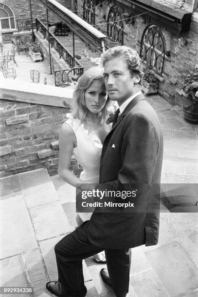 Ursula Andress, swiss actress, meets her new leading man John Richardson, for 1965 film SHE, based on She: A History of Adventure, a novel by H....