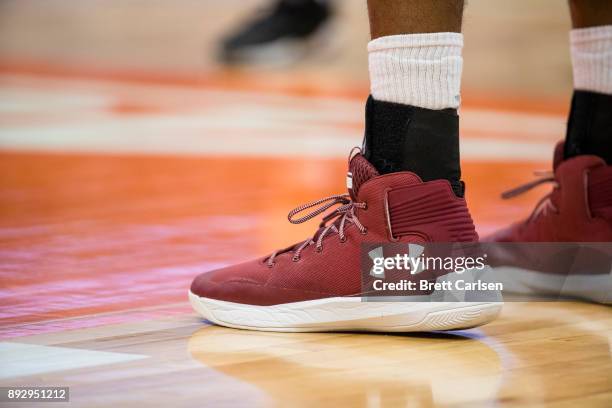 Detail view of Under Armour basketball shoes worn by a member of the Colgate Raiders during the game against the Syracuse Orange at the Carrier Dome...