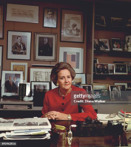 Washington Post owner Katharine Graham is photographed for Time & Life in 1993 at her Washington Post desk in Washington, DC.