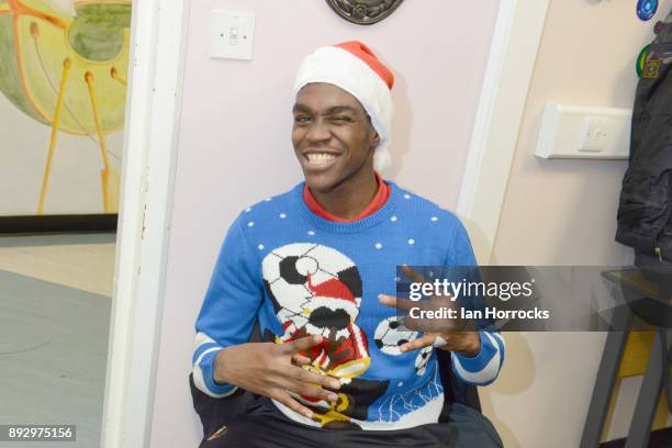 Sunderland player Joel Asoro in his Christmas jumpers during a Christmas visit to Sunderland Royal Infirmary on December 14, 2017 in Sunderland,...