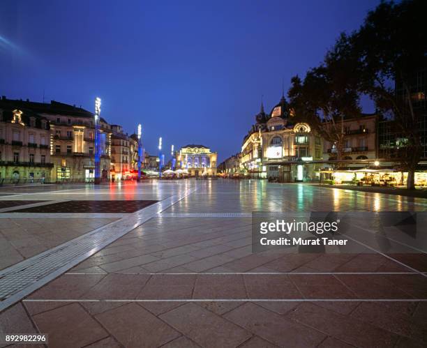 place de la comedie in montpellier - town square night stock pictures, royalty-free photos & images