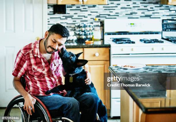 smiling man in wheelchair having face licked by dog while hanging out in kitchen - wheelchair fotografías e imágenes de stock