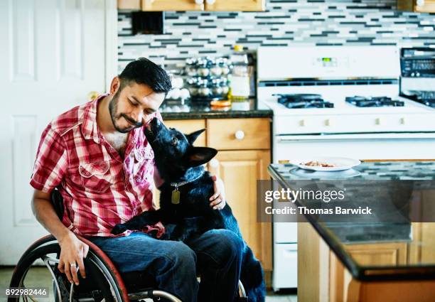 smiling man in wheelchair having face licked by dog while hanging out in kitchen - dog medicine cabinet stock pictures, royalty-free photos & images