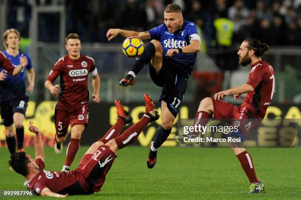 Ciro Immobile of SS Lazio compete for the ball with Agostino Camigliano of Cittadella during the TIM Cup match between SS Lazio and Cittadella on...