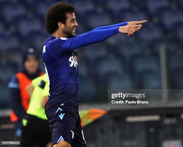 Felipe Anderson of SS Lazio celebrates after scoring the team's second goal during the TIM Cup match between SS Lazio and Cittadella on December 14,...