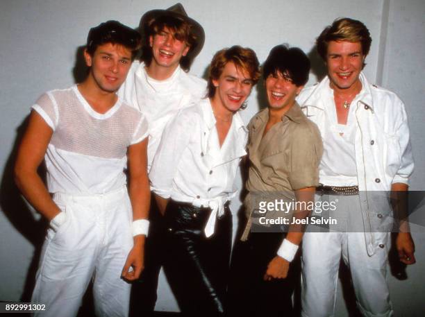 July 23, 1982: Duran Duran poses backstage during the band's second US tour at the Kabuki Theater on July 23, 1982 in San Francisco, California.