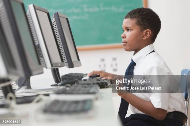 Boy Using Computer Lab Back View School Boy Uniform Side View Photos and Premium High Res Pictures ...