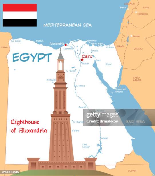 lighthouse of alexandria - nile river stock illustrations