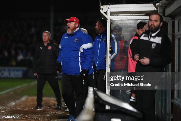 Peter Beadle the manager of Hereford looks on from the bench during the Emirates FA Cup second round replay match between Hereford FC and Fleetwood...