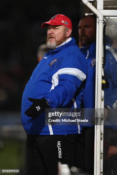 Peter Beadle the manager of Hereford looks on from the bench during the Emirates FA Cup second round replay match between Hereford FC and Fleetwood...