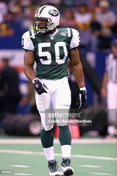 Linebacker Kelvin Moses of the New York Jets looks on against the New Orleans Saints during the game on November 4, 2001 at the Superdome in New...