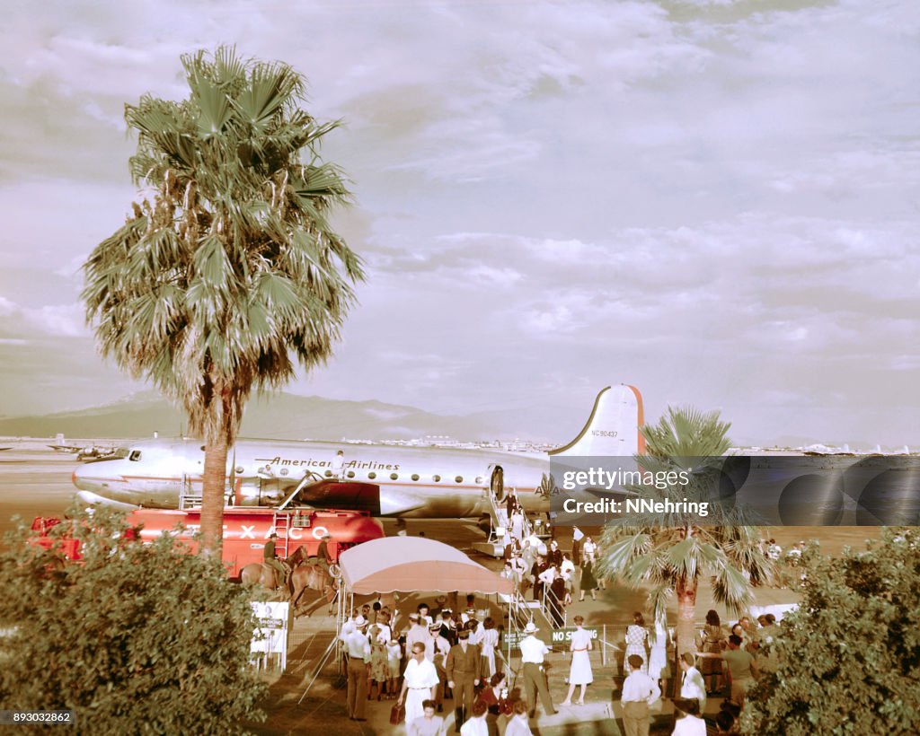 American Airlines DC-4 airplane at Tucson, Arizona, airport 1947 retro