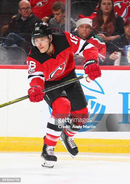 Steven Santini of the New Jersey Devils skates against the Los Angeles Kings during the game at Prudential Center on December 12, 2017 in Newark, New...