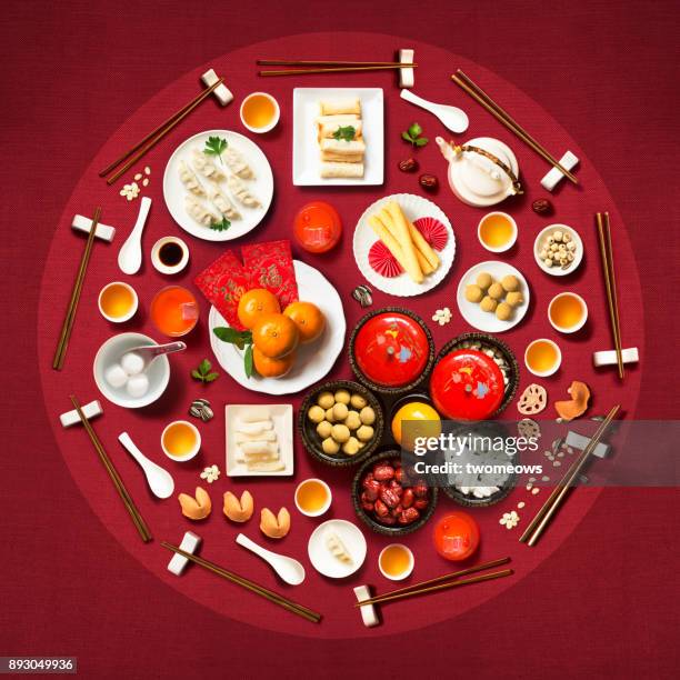 flat lay chinese new year reunion dinner. - chinese food stock pictures, royalty-free photos & images