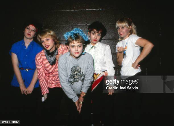 Los Angeles new wave band The Go-Go's, backstage at the Old Waldorf, San Francisco, USA, March 12, 1980 . Left to right: bassist Margot Olavarria,...