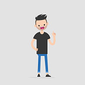 Young pissed off character pointing a finger and yelling at someone / flat editable vector illustration, clip art