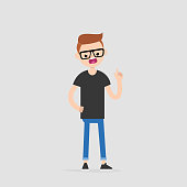Young pissed off character pointing a finger and yelling at someone / flat editable vector illustration, clip art