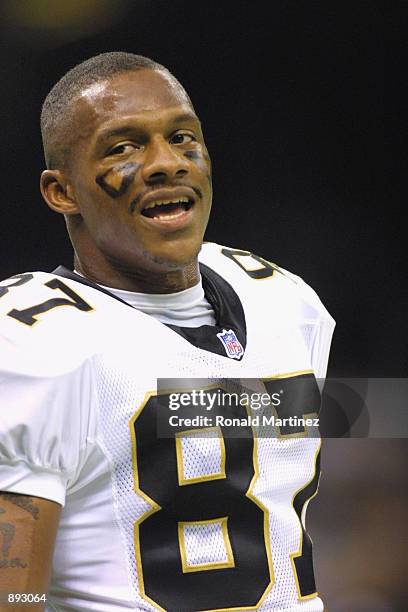 Wide receiver Joe Horn of the New Orleans Saints looks on against the New York Jets during the game on November 4, 2001 at the Superdome in New...