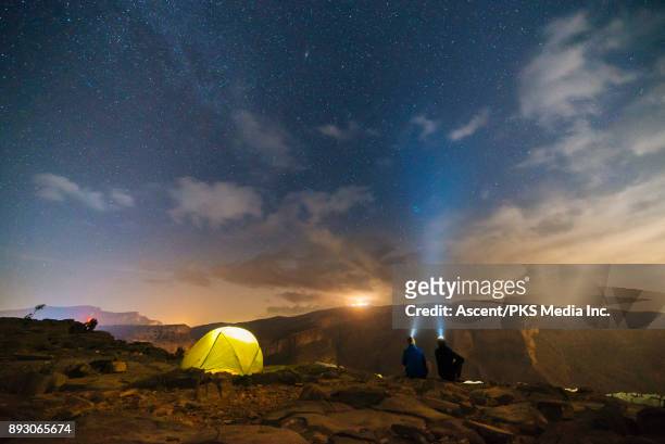 two men look into night sky from desert camp - arabian desert adventure night photos et images de collection
