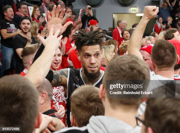 Daniel Hackett, #0 of Brose Bamberg celebrates after the 2017/2018 Turkish Airlines EuroLeague Regular Season Round 12 game between Brose Bamberg and...