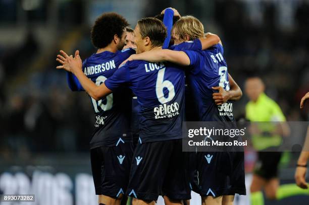 Fortuna Wallace of SS Lazio celebrates a third goal during the TIM Cup match between SS Lazio and Cittadella on December 14, 2017 in Rome, Italy.