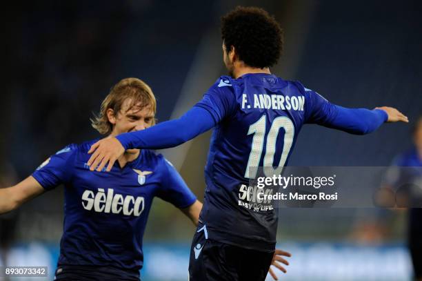 Felipe Anderson of SS Lazio celebrates a second goal during the TIM Cup match between SS Lazio and Cittadella on December 14, 2017 in Rome, Italy.