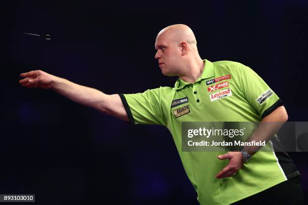 Michael van Gerwen of the Netherlands in action during his first round match against Christian Kist of the Netherlands during day one of the 2018...