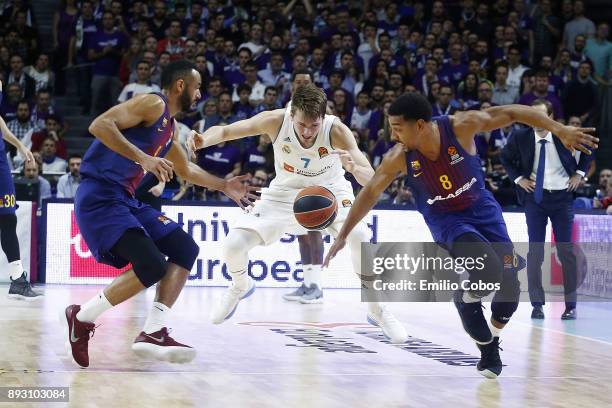 Luka Doncic, #7 of Real Madrid in action during the 2017/2018 Turkish Airlines EuroLeague Regular Season Round 12 game between Real Madrid and FC...
