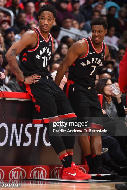 DeMar DeRozan and Kyle Lowry of the Toronto Raptors during the game against the LA Clippers on December 11, 2017 at STAPLES Center in Los Angeles,...