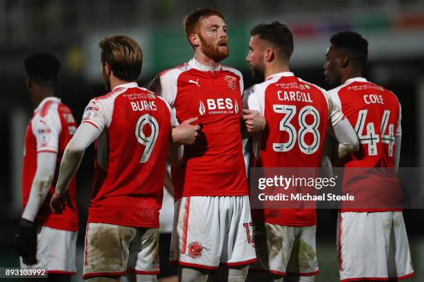 Cian Bulger the captain of Fleetwood Town organises a wall during the Emirates FA Cup second round replay match between Hereford FC and Fleetwood...