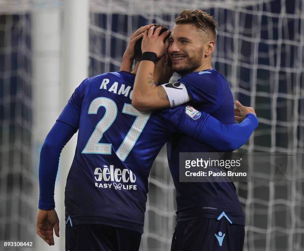 Ciro Immobile with his teammate Felipe Luiz of SS Lazio celebrates after scoring the team's fourth goal during the TIM Cup match between SS Lazio and...