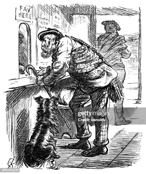 scottish man buying a train ticket - dog train ticket stock illustrations