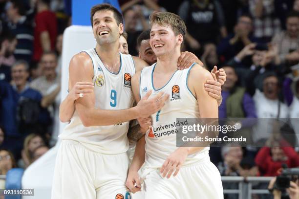 Luka Doncic, #7 guard of Real Madrid and Felipe Reyes, #9 forward of Real Madrid during the 2017/2018 Turkish Airlines Euroleague Regular Season...