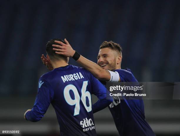 Ciro Immobile with his teammate Alessandro Murgia of SS Lazio celebrates after scoring the team's fourth goal during the TIM Cup match between SS...