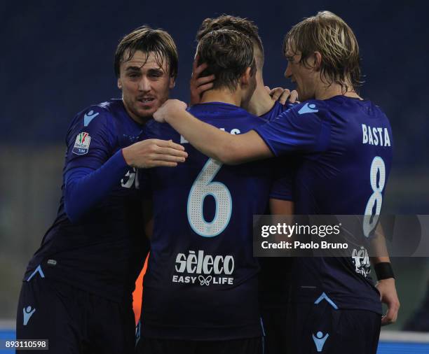 Ciro Immobile with his teammates of SS Lazio celebrates after scoring the team's fourth goal during the TIM Cup match between SS Lazio and Cittadella...
