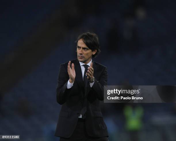 Lazio head coach Simone Inzaghi greets the fans during the TIM Cup match between SS Lazio and Cittadella on December 14, 2017 in Rome, Italy.