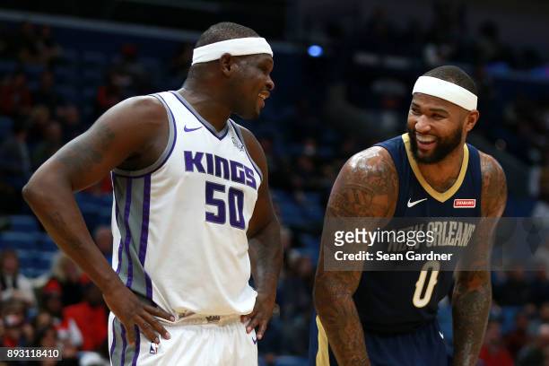 DeMarcus Cousins of the New Orleans Pelicans talks with Zach Randolph of the Sacramento Kings during the first half of a NBA game at the Smoothie...