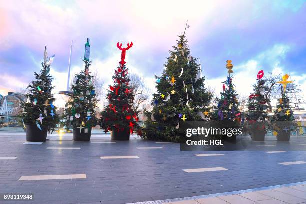 General view of the Christmas trees decorated by London designers Tatty Devine on December 14, 2017 in London, England.