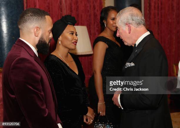 Prince Charles, Prince of Wales chats to singer Emeli Sande as he hosts the 'One Million Young Lives' dinner at Buckingham Palace on December 14,...