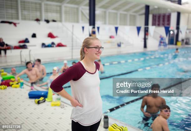 Charlotte Pratt, a junior at Scarborough High School, in her capacity as swim team manager during the swim team practice at Richards Pool. Pratt said...