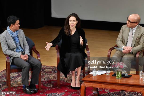 Phloeun Prim, Angelina Jolie, and Darren Walker attend the "Light After Darkness: Memory, Resilience and Renewal in Cambodia" discussion at Asia...