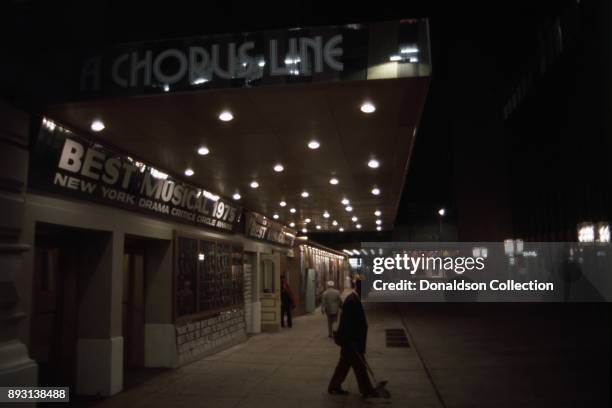 View of the exterior of The Shubert Theatre showing the marquee for A Chorus Line circa 1975 in New York City, New York.