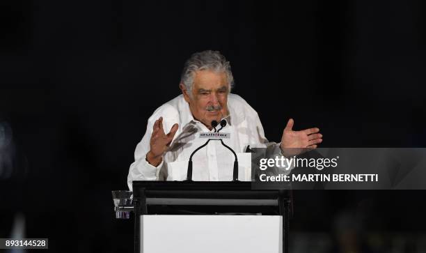 Former Uruguayan president Jose Mujica speaks at the final election campaign rally of Chilean presidential candidate for the ruling New Majority...