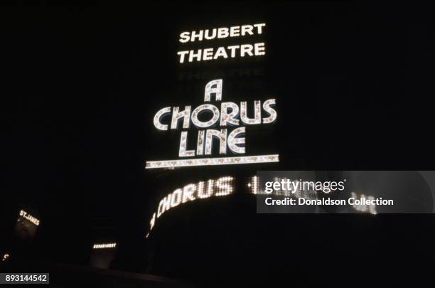 View of the exterior of The Shubert Theatre showing the marquee for A Chorus Line circa 1975 in New York City, New York.